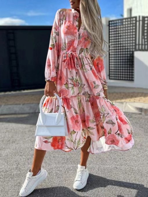 variant image6Women Fashion Turndown Collar Button Long Dress Elegant Flower Printed Shirts Dress Spring Summer Casual Long