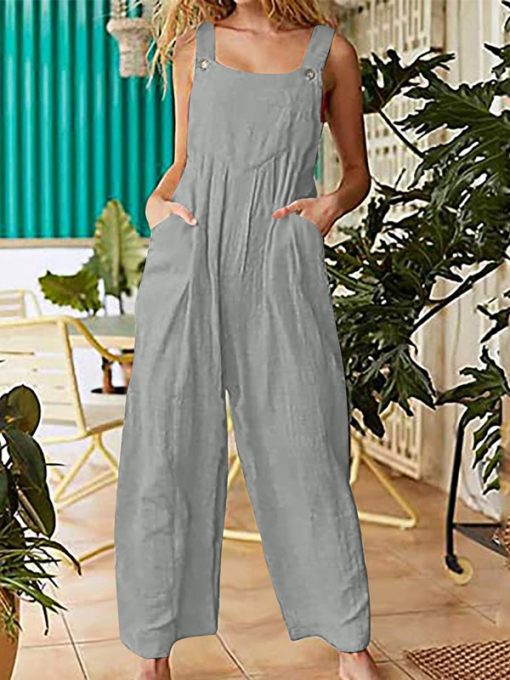 w2sFEaseHut Women Jumpsuit with Pockets Solid Sleeveless Wide Legs Plus Size Overalls Casual Rompers Women Playsuits