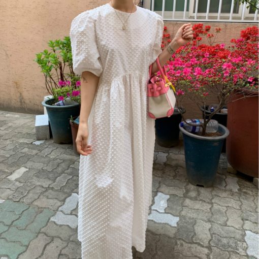 wNFgKorea Women Summer Vintage White Loose Long Dress Tridimensional Dot Irregular Waistline A line Sundress Puff