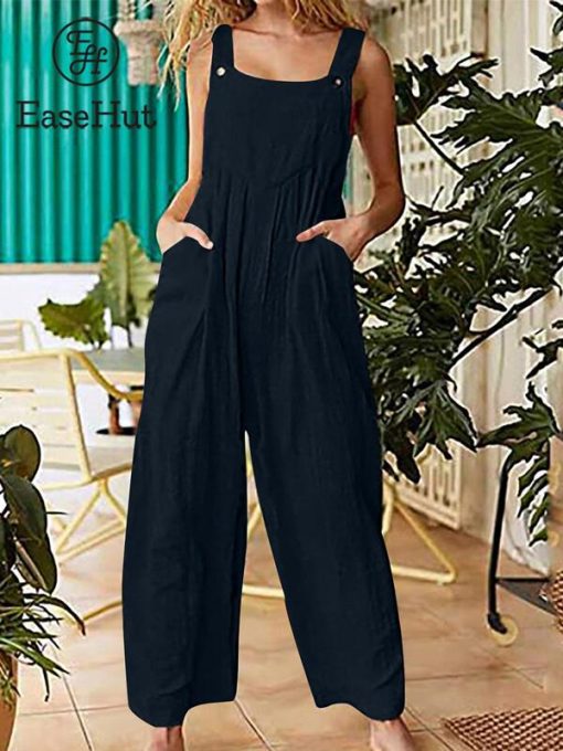 wctWEaseHut Women Jumpsuit with Pockets Solid Sleeveless Wide Legs Plus Size Overalls Casual Rompers Women Playsuits