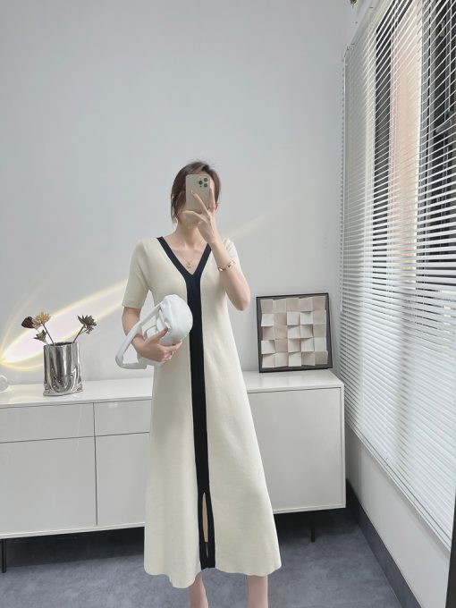 0DveBlack White Casual Elegant Vintage Short Sleeve Long Dress Korean Fashion Style Knitted Slim Maxi Dresses 1
