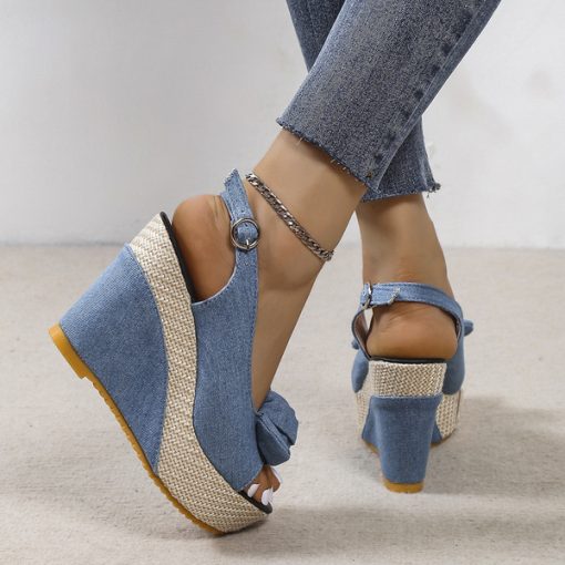 0U7NFashion Denim Bow Decor Slingback Wedge Sandals Summer Outdoor Platform Slides 2023 Ladies Shoes Increase Height