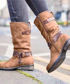 1CLNWomen Boots Winter Plus Velvet Warm Shoes Fashion Buckle Solid Color Mid Calf Boots Round Toe