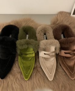 1YKzWomen Luxury Velvet Mules Pointy Toe Slip on Fur Sandals Ladies Brand Design Outdoor Furry Slides