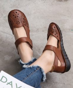 27hHGKTINOO Hollow Genuine Leather Breathable Soft Flat Sandals Summer Women Shoes Woman Casual Solid Buckle Strap