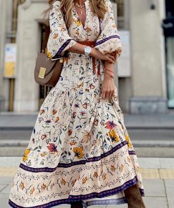 2sWYWomen Bohemian Print V Neck Streetwear Dress Casual Summer Loose Long Sleeve Dress Vintage Female Slim