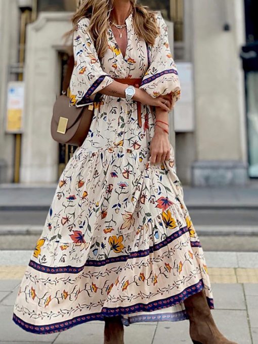 2sWYWomen Bohemian Print V Neck Streetwear Dress Casual Summer Loose Long Sleeve Dress Vintage Female Slim