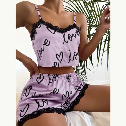3Z1DTwo Pieces Set Women S Pajama Shorts Suit Print Underwear Pijama Sexy Lingerie Camisoles Tanks Nighty