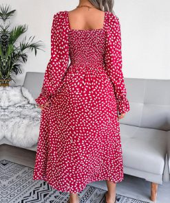 3kUBElegant Square Neck Full Sleeve A Line Pleated Printed Long Dress Women s Fall Winter Chic