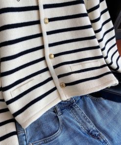 3q68Elegant Cardigan Women 2023 Fall Clothing Fashion Striped Sweater Y2K Tops Long Sleeve Knit Cropped Sweaters