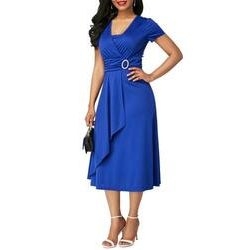4ERaPlus Size Dress Elegant Women Solid Color Short Sleeve V Neck Asymmetric Hem Waist Tight Midi