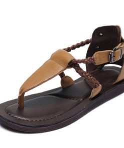 6HQhDRKANOL 2023 Women Gladiator Sandals Summer Flat Flip Flops Ladies Genuine Leather Comfort Trend Buckle Low