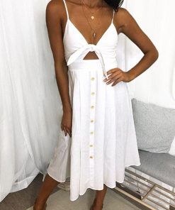 6YjhRed Spaghetti Strap Buttons Casual Dress Bow Backless Midi Vestidos Sexy Summer Women Dress 2020Sundress Female