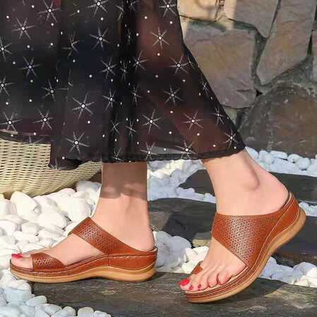 6aZ0Women Summer Sandals Slippers 2021 Casual Wedge Leather Shoes Comfy Big Toe Foot Correction Sandal Orthopedic