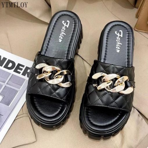 6dkT2021 New Ladies Slippers Sandals Thick Bottom Black Metal Chain Decorated Ytmtloy Zapatillas Mujer Casa Sliders