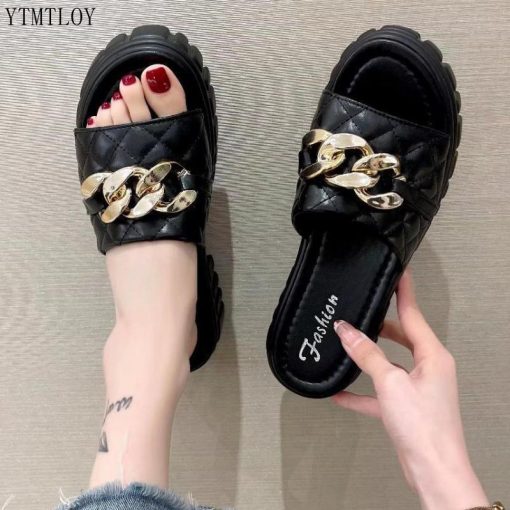 6u6K2021 New Ladies Slippers Sandals Thick Bottom Black Metal Chain Decorated Ytmtloy Zapatillas Mujer Casa Sliders