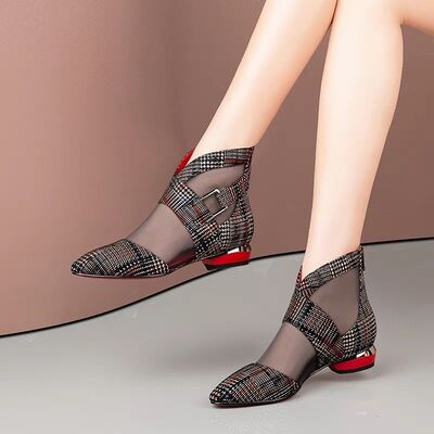 7YUwSpring and Autumn New Single Shoes Women s Low heeled Women s Pointed Toe Mesh Buckle