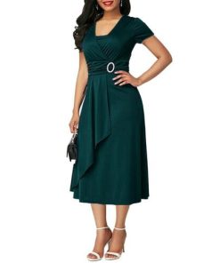 7aIMPlus Size Dress Elegant Women Solid Color Short Sleeve V Neck Asymmetric Hem Waist Tight Midi