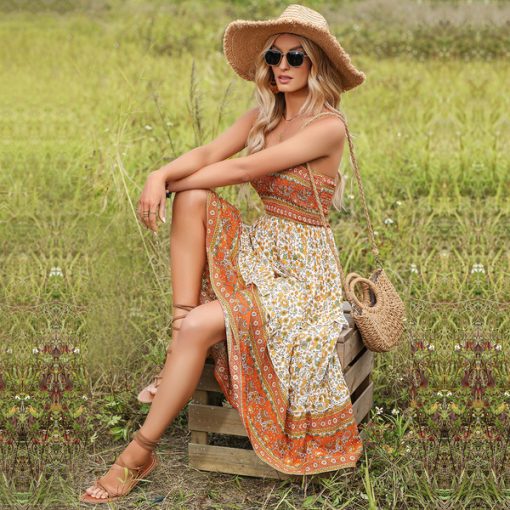 90JCWildPinky 2023 New Women Vintage Floral Print Ruffle Layers Long Dress Female Boho Strapless Orange Beach