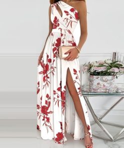 9hwR2022 Summer Elegant One Shoulder Floral Print High Slit Cutout Maxi Party Dress Asymmetric Women Long