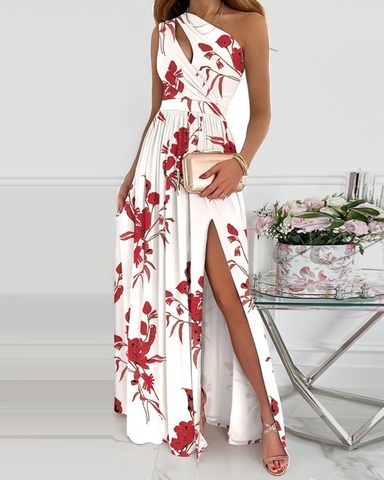 9hwR2022 Summer Elegant One Shoulder Floral Print High Slit Cutout Maxi Party Dress Asymmetric Women Long