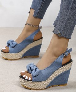 9us3Fashion Denim Bow Decor Slingback Wedge Sandals Summer Outdoor Platform Slides 2023 Ladies Shoes Increase Height