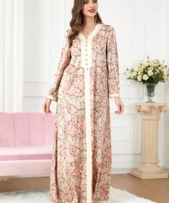 Abayas For Women Dubai 2022 Latest Elegant Plants Flowers Print Dress V Neck Tape Trim Button.jpg 1