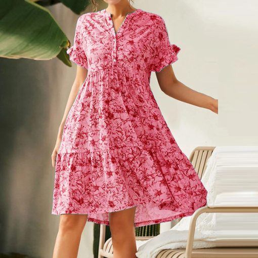 Ai0ESpring Summer Button V Neck Floral Mini Dress Retro Short Sleeve Loose Women Beach Dress Fashion