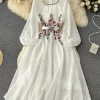 Autumn White Beige Beading Embroidered Long Dress For Women Elegant O Neck Puff Sleeve High Waist.jpg 1