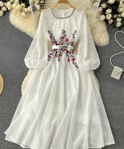 Autumn White Beige Beading Embroidered Long Dress For Women Elegant O Neck Puff Sleeve High Waist.jpg 1