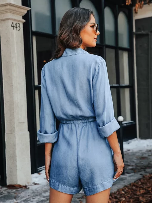 Blue Denim Drawstring Romper For Women Casual Buttons Pockets Long Sleeve Short Playsuit 2023 Spring Autumn.jpg 1
