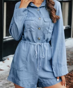 Blue Denim Drawstring Romper For Women Casual Buttons Pockets Long Sleeve Short Playsuit 2023 Spring Autumn.jpg 4