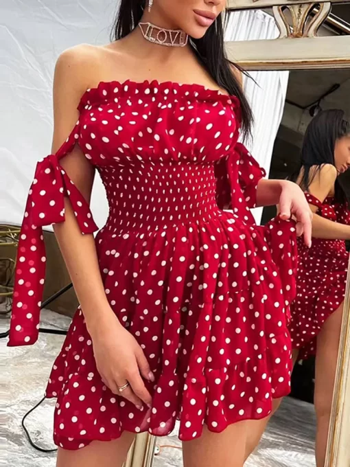 CNYISHE Sweet Boho Dress Sexy Cute Red Polka Dot Print Summer Sundress Women Ruched Dress Robes.jpg 1