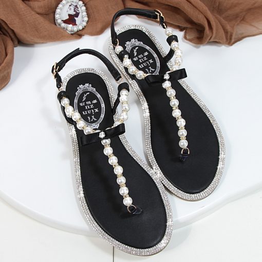 DD03Women sandals 2023 new summer shoes flat pearl sandals comfortable string bead beach slippers casual sandals