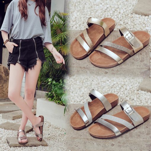 DUzlRoman summer shoes woman glitter cork sandals three narrow band platform slippers female big size beach