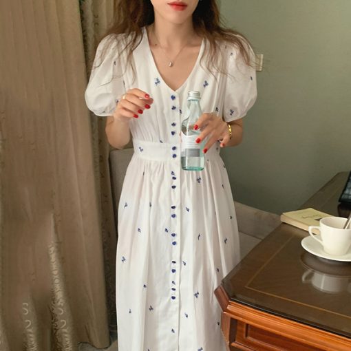 E895Korejpaa Women Dress 2021 Korean Fashion Elegant V neck Button Embroidered Flowers To Collect Waist Bubble