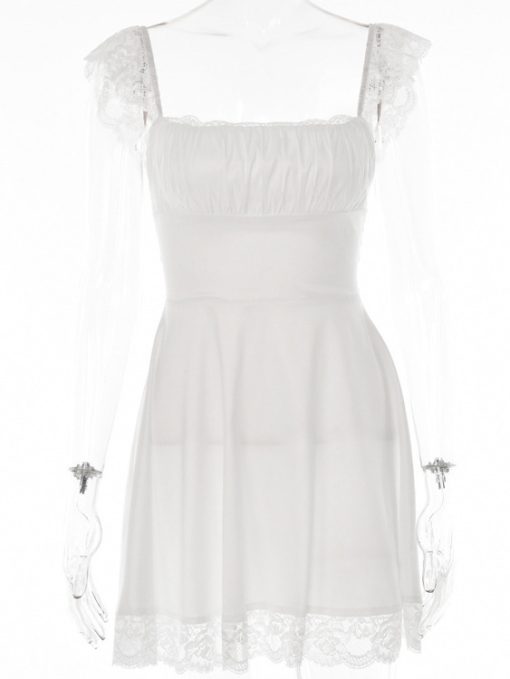 EBYfMozision Elegant White Lace Strap Mini Dress For Women Fashion Sleeveless Backless Loose Sexy Short Dresses