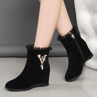EjgTAutumn and Winter New Frosted Women Boots Mid heel Rhinestone Women Boots Fur Rubber Mixed Colors