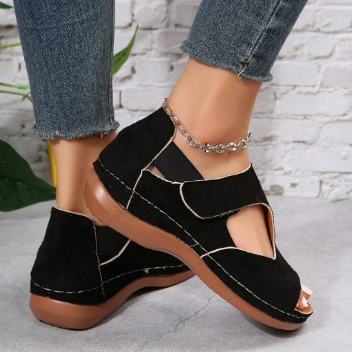 F1EzVintage Leopard Print Roman Sandals Women Peep Toe Hollow Out Wedge Sandalias Mujer 2023 Thick Sole