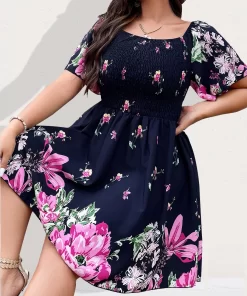 Finjani Allover Floral Print Shirred Midi Dress Plus Size Lantern Sleeve High Waist Dresses For Women.jpg 2
