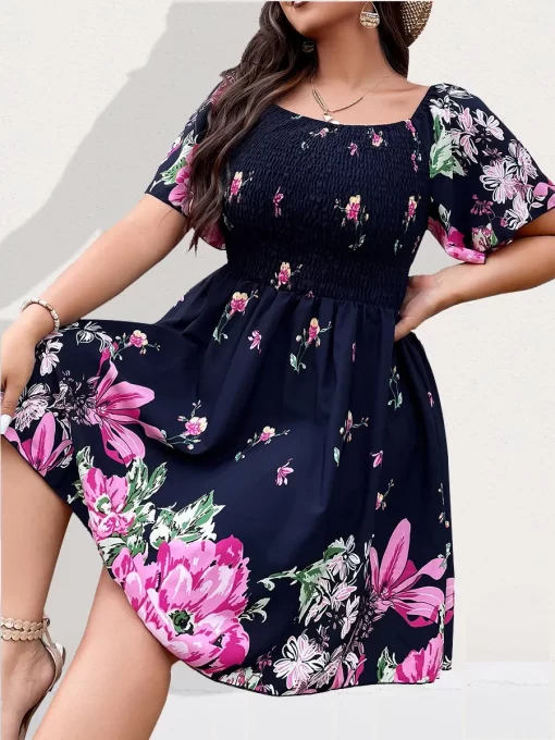 Finjani Allover Floral Print Shirred Midi Dress Plus Size Lantern Sleeve High Waist Dresses For Women.jpg 2
