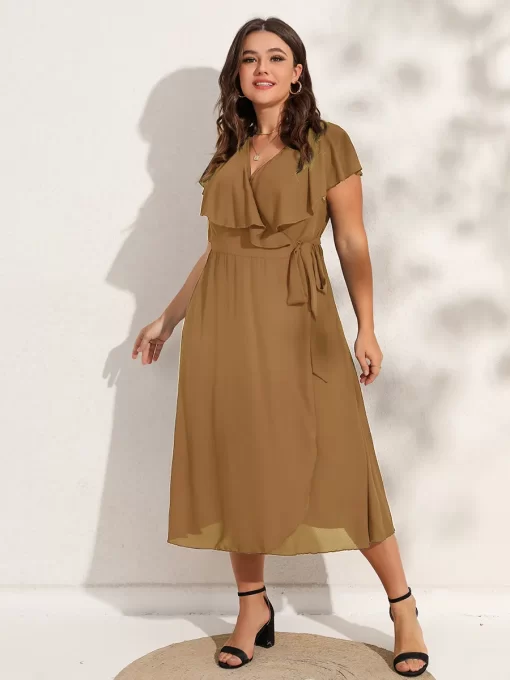 Finjani Party Dresses For Women 2022 Plus Size Summer Midi Dress V Neck Solid Ruffle Sleeve.jpg 4