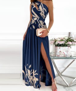 GzCV2022 Summer Elegant One Shoulder Floral Print High Slit Cutout Maxi Party Dress Asymmetric Women Long