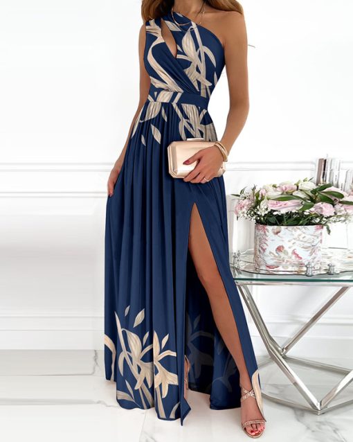 GzCV2022 Summer Elegant One Shoulder Floral Print High Slit Cutout Maxi Party Dress Asymmetric Women Long