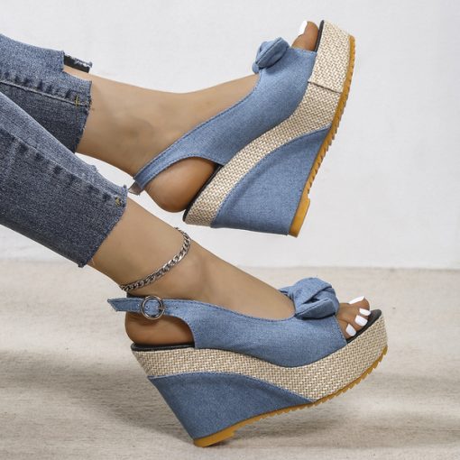 H3LKFashion Denim Bow Decor Slingback Wedge Sandals Summer Outdoor Platform Slides 2023 Ladies Shoes Increase Height