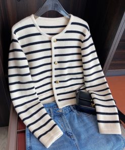 HDGhElegant Cardigan Women 2023 Fall Clothing Fashion Striped Sweater Y2K Tops Long Sleeve Knit Cropped Sweaters