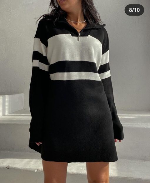 HG9QKnitted Striped Sweater Long Sleeve Tops Jumper Zip Up Turtleneck Pullover Knitwear Oversized Knit Long Sweaters