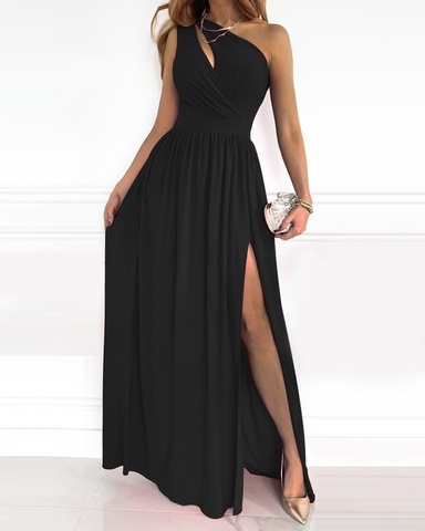 HTi62022 Summer Elegant One Shoulder Floral Print High Slit Cutout Maxi Party Dress Asymmetric Women Long