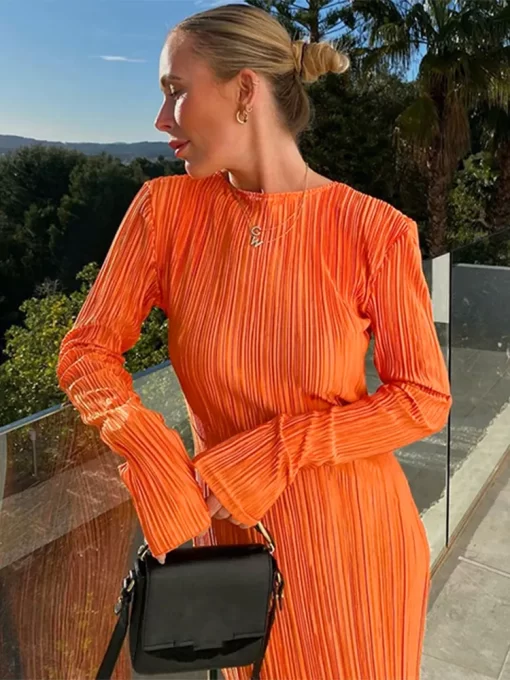 Hawthaw Women Fashion Long Sleeve Streetwear Bodycon Orange Midi Dress 2022 Autumn Clothes Wholesale Items For.jpg 10