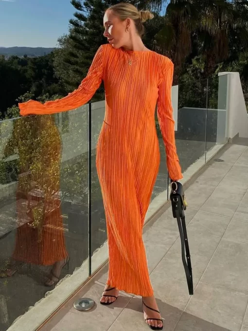 Hawthaw Women Fashion Long Sleeve Streetwear Bodycon Orange Midi Dress 2022 Autumn Clothes Wholesale Items For.jpg 8